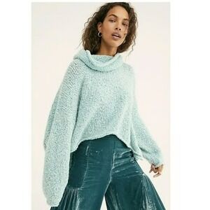 Free People Oversized Textured Knit BFF Cowl‎ Neck Sweater Aqua Size XS